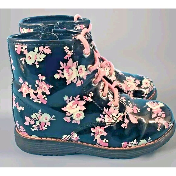 Girls Rain Boots Ankle Dark Floral Lace Up & Zip The Place Sz 9 Flat - Picture 1 of 12